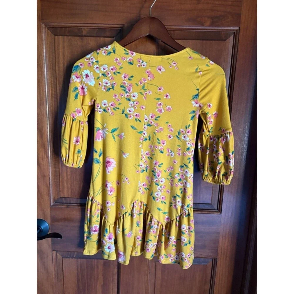 Three Hearts Yellow Floral Ruffle-Hem and 3/4 Ruffle Sleeves Dress Girls Size S